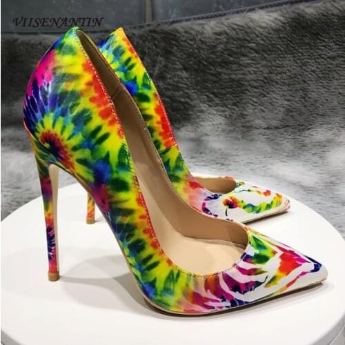 Patent leather painted graffiti pointed shallow mouth spring and summer all-match catwalk fashion personality high heels