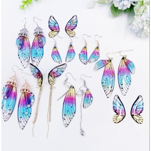Minar Multiple Gradient Rainbow Simulation Butterfly Dangle Earrings for Women Romantic Sequin Rhinestone Cicada Wings Earring
