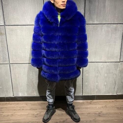 YOLOAgain High Quality Real Fox Fur Winter Thick Warm Mens Long Hooded Coat