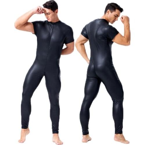 PU Leather Men Sexy Bodysuit Faux Latex Male Erotic Jumpsuit Club Stage Costume Gays Sex Lingerie Adult Products Wetlook Catsuit