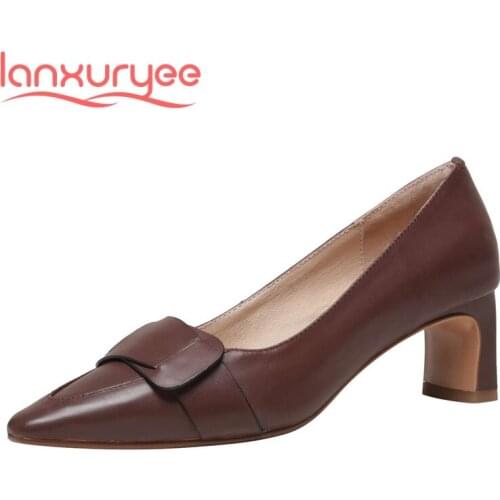 Lanxuryee spring new arrival real leather pointed toe high heels beauty lady simple style retro fashion classic women pumps L95