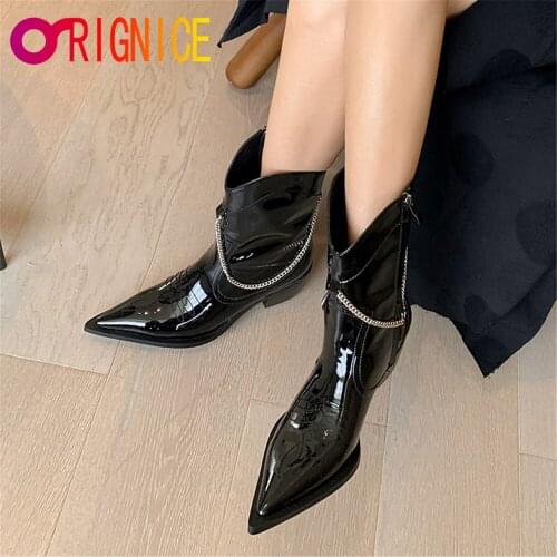 Orignice High Quality Patent Leather Women Western Mid Calf Boots Fashion Chain Pointed Toe Women Thick Heel Autumn Party Shoes