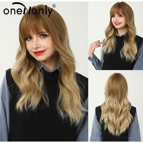 OneNonly Long Ombre Blonde Brown Natural Wave Synthetic Wigs with Bangs for Black Women Cosplay Natural Hair Heat Resistant
