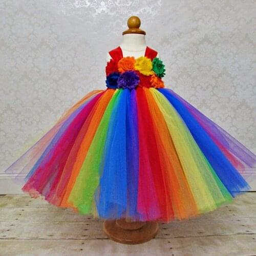 Rainbow Color Tutu Dress Girls Flower Straps Dress Kids Crochet Tulle Dresses Ball Gown Children Wedding Party Costume Dresses