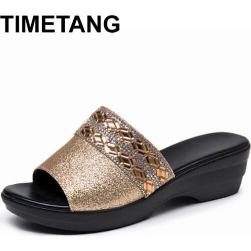 TIMETANG Women Slippers Shoes Genuine Leather Slip on Outside Slides Ladies Fashion Wedges Summer Beach thick sole Flip FlopE782