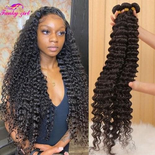 Funky Girl 36 38 40 Inch Brazilian Deep Wave Hair Bundles Deep Curly Human Hair Weave Bundles 100% Human Hair Bundles Remy Hair