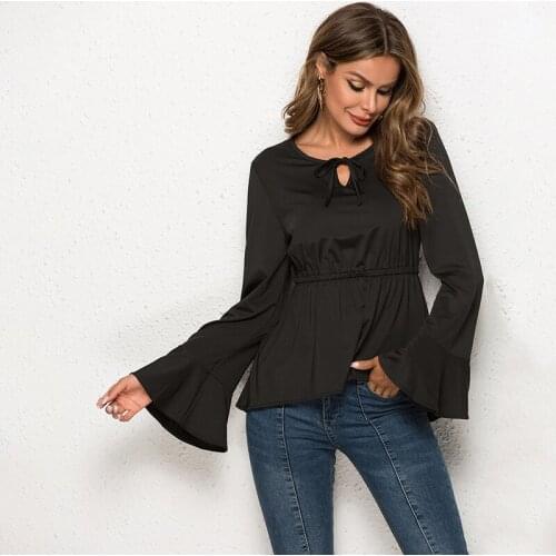 Spring Women T-Shirt Hollow Lace Up Tee Shirt Tops Fashion Casual Waist Flare Sleeve Tshirt Long Sleeve Camiseta Feminina