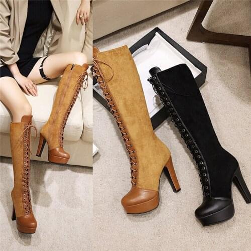 YMECHIC 2020 Winter Cross Tied Lace Up Knight Knee High Boots Black Brown Faux Suede Platform Spike High Heel Shoes Long Boots