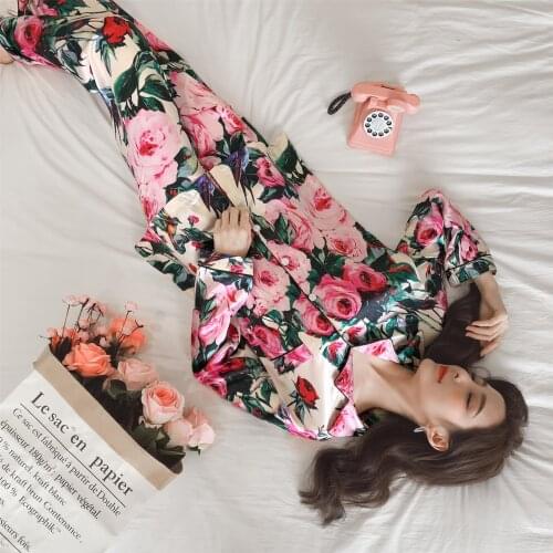 Womens pajamas Silk Satin Set Long Sleeve Trousers Pajamas Button-Down Printing Sleepwear Two Piece Loungewear sleeping clothes
