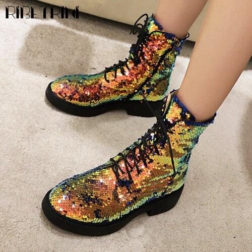 RIBETRINI Female Winter Brand Classic Shoes Fashion Designer shoes lace Round Toe Low Heel Women Boots Bling Sequin Boots