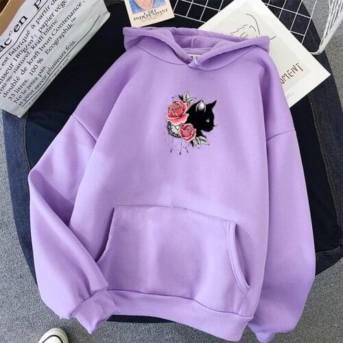 2019 Winter Autumn Kawaii Women Cute Cat Flowers Printed Hoodies Women Harajuku Long Sleeve Hooded Cartoon Sweatshirts Pink Tops