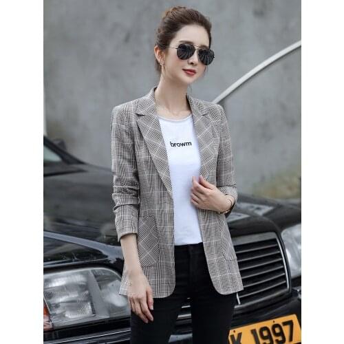 Vintage Plaid Women Blazer Pockets Jackets Female Retro Suits Coat Feminino blazers Outerwear