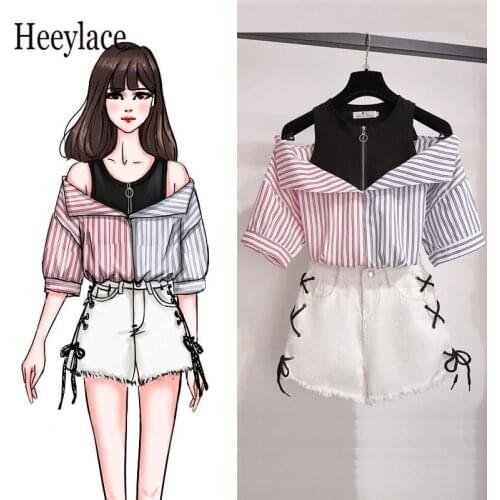 Plus size 2 pieces shorts sets summer Sweet Korean off shoulder tops and shorts 2 pieces sets women clothing two pieces outfits