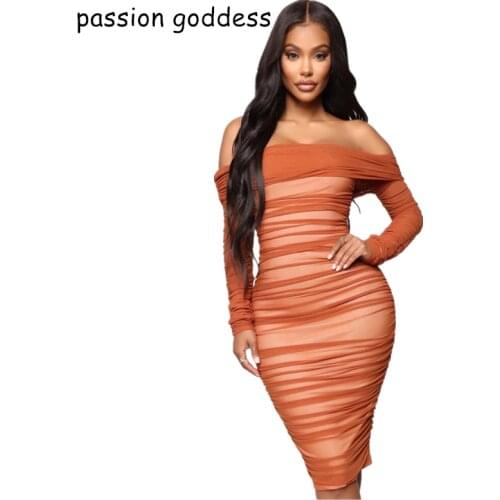 Spring Women Long Sleeve Slash Neck Mesh Bodycon Dress Sexy Off The Shoulder Folds Knee Length Black White Elegant Party Dresses