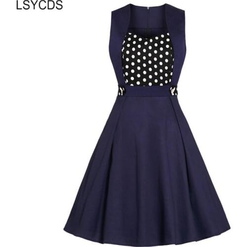 LSYCDS Tunic Dresses Navy-Blue Sleeveless Contrast Polka-Dot Vintage Cotton Women A-Line Pin Up Dress