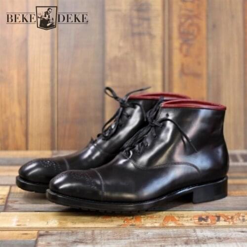 Winter Warm Wool Lining Chelsea Boots Men High Quality Handmade Genuine Leather Mens Shoes Vintage Carved Lace Up Ankle Boots