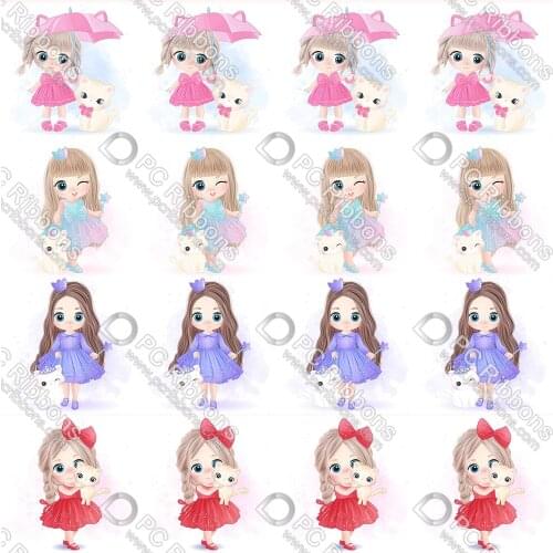 1-1/2" Cartoon Girl&Cat Printed Custom Design Cartoon for DIY Crafts Hair Bow Lanyard/Satin /3" Grosgrain Ribbon CA246