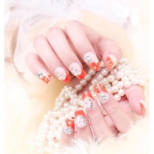 24pcs/box back with glue 3D Flower False Nails Red and White Bride Wedding Fake Nails press on Full Cover Artificial Nail Tips