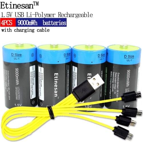 Powerful 4pcs Etinesan 1.5V 9000mWh Li-polymer Rechargeable D size Battery Li-ion USB Battery with USB chargeing cable pack