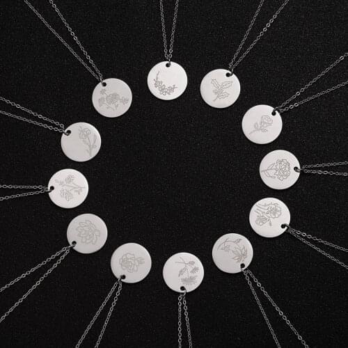 Rinhoo Stainless Steel Month Flower Pendant Necklace For Women Rose Lotus Daisy Silver Color Chain Birthday Jewelry Couple Gifts