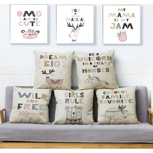 Nordic Cartoon Animal Letter Print Cushion Cover 45*45 Beige Linen Pillow Covers Throw Pillows Cases Sofa Home Decor Pillowcase