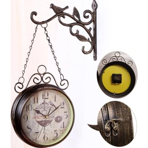 Double Sided Round Wall Mount Hanging Station Silent Clock Chic Vintage Retro Decorations