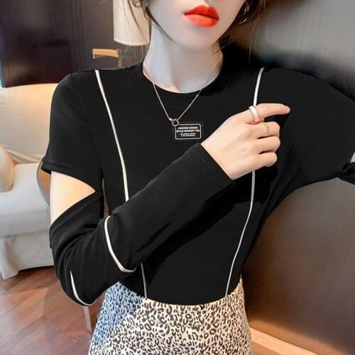 Long Sleeve T-Shirt Korean T Shirt Women Casual Slim Basic Cotton 2021 Summer Tops Hollow Out Short Tshirt Female Woman Clothes