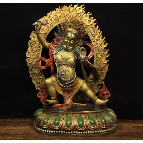 13"Chinese temple collection Old Bronze Painted Yamantaka Buddha Statue Vajra Bodhisattva Back light Ornaments Town House