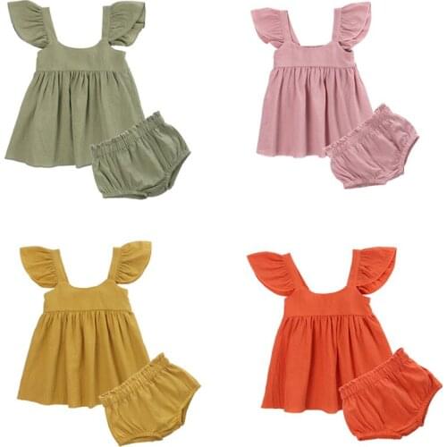 Newborn Infant Baby Girl Clothes Set Solid Color Outfit Flying Sleeve Tunic Top + Ruffled Shorts 2PCS Summer Childrens Clothing