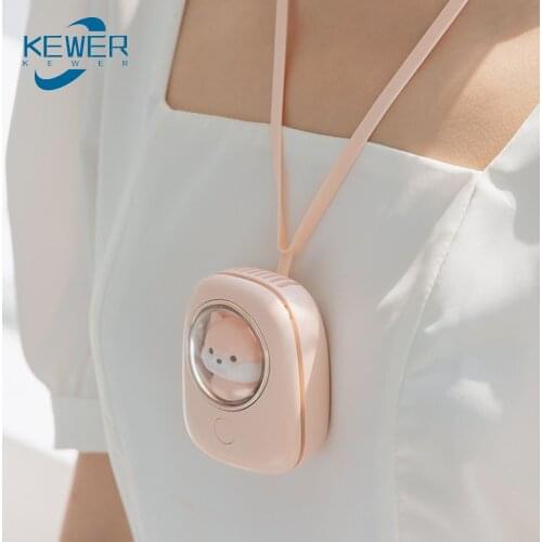 KEWER Mini Hanging Neck Fan Portable USB Rechargeable Fan Cartoon Space Capsule Children Hanging Neck Fan LED Night Light