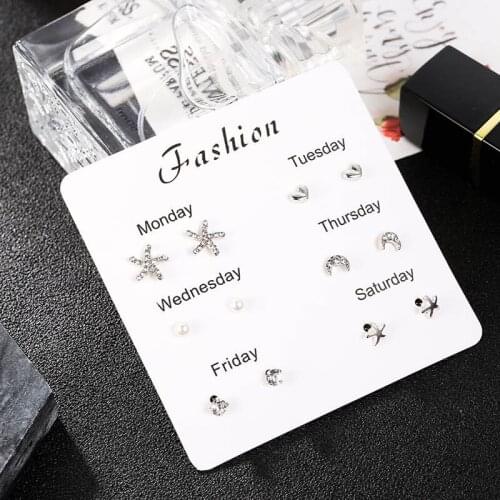 Trendy Star Starfish Heart Stud Earrings Set For Women Girl New Fashion Small Moon Star Crystal Rhinestone Wedding Party Earring