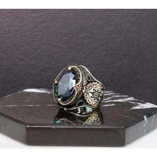 Mystic Topaz Stone Motif Silver Men 'S Ring