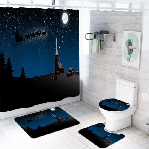 4 Pieces Snow Scene Bathroom Set 3D Print Merry Christmas Shower Curtain Set Night Moon Floor Rugs Festival Holiday Bath Sets