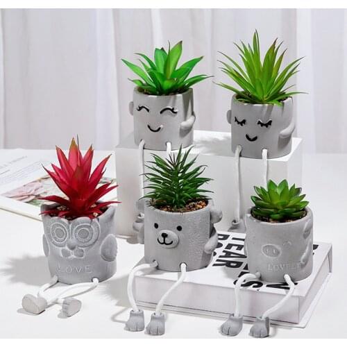 Desktop Decor, Artificial Plant with Cartoon Doll Shape Flowerpot for Sitting Room Bedroom Office
