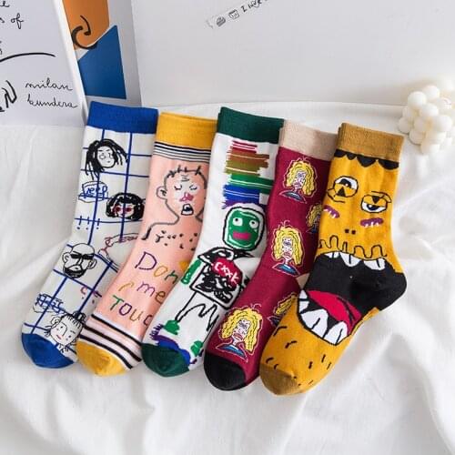 PEONFLY Fashion Cartoon Character Happy Socks Creative Graffiti Illustration Harajuku Style High Funny Socks Cotton Women Socks