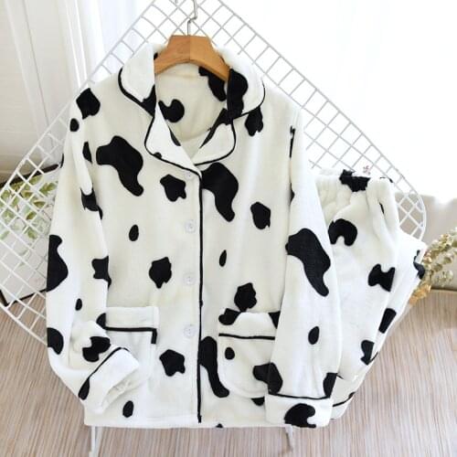 Cartoon Cow Cute Pajamas For Women Autumn Winter Lounge Thick Sleepwear Set Flannel Loose Home Clothing New Pijamas Female Suit