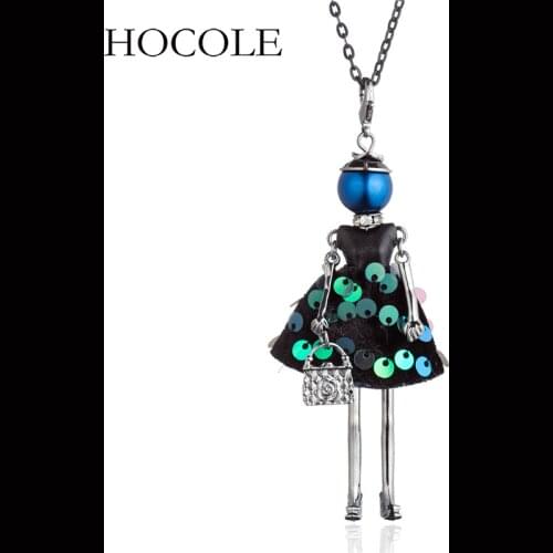 2018 Leather Sequin Dress Doll Pendant Necklace Handmade Long Chain Sweater Big Choker Collares For Women Maxi Jewelry Bijoux