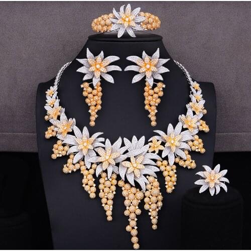 Luxury 4PCS Dubai Bridal Wedding Jewelry Sets For Women Luxury Cubic Zirconia CZ Necklace/Bracelet/Earrings/Ring Accessories