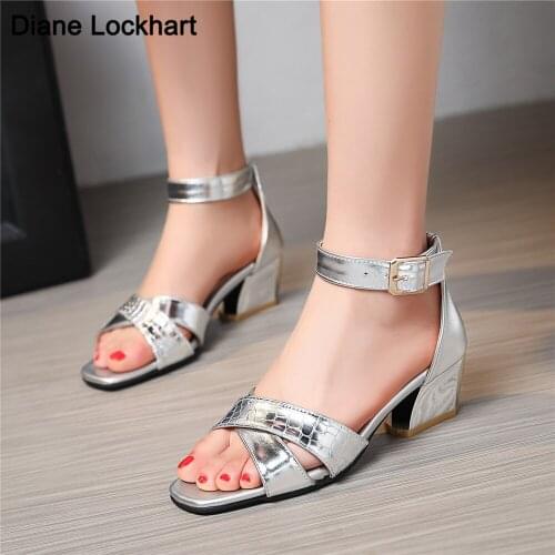 Silver Gold Gladiator Sandals Summer High Heels Shiny Woman Buckle Strap Pumps Casual Ladies Shoes Sandalias mujer size 32-43