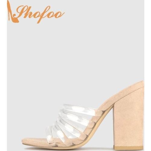 Clear Nude Women Sandals High Chunky Heels Open Square Toe Three Strap Slip On Large Size 11 14 Ladies New Fashion Shoes Shofoo