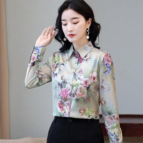 TingYiLi Green Floral Print Silk Satin Shirts Women Spring Autumn Long Sleeve Button Up Shirt Plus Size Tops Female