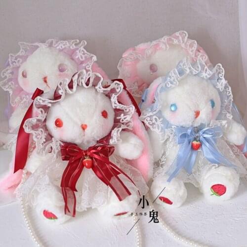 Japanese Kawaii Plush Bear Lop Ear Rabbit Strawberry Handbag Cosplay Soft Girl Cute Lolita Furry Messenger Bags With Pearl Chain