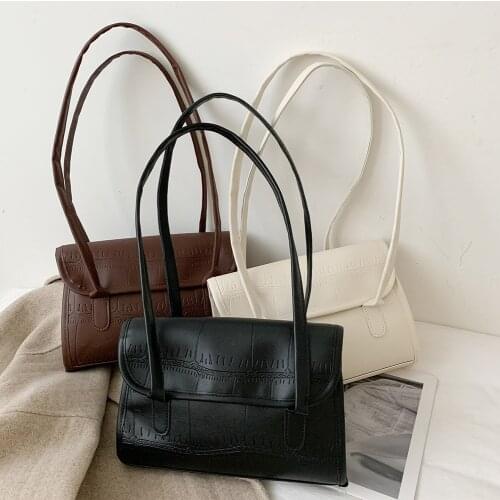 Vintage Stone Pattern Shoulder Underarm Bag Women Casual Solid Color PU Leather Handbags Fashion Street Travel Commuter Purse