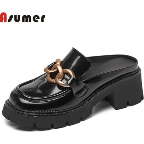 Asumer Slipper Women 2021 Newest Genuine Leather Footwear Fashion Punk Platform Shoes Casual Metal Chain Women Slipper Black