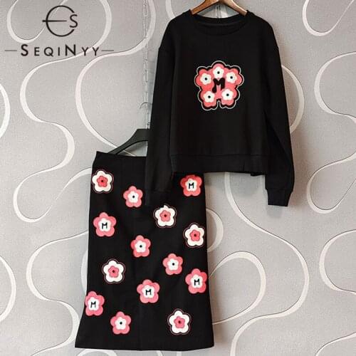 SEQINYY Black Fashion Set Spring Autumn New Design Women Runway Pullovers Top + Knee Pencil Skirt Pink Flowers Embroidery