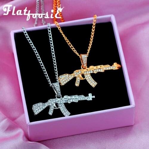 Flatfoosie Fashion AK-47 Pistol Pendant Necklaces for Women Men 2020 Gun Rhinestone Long Chain Necklace Punk Hip-Hop Jewelry