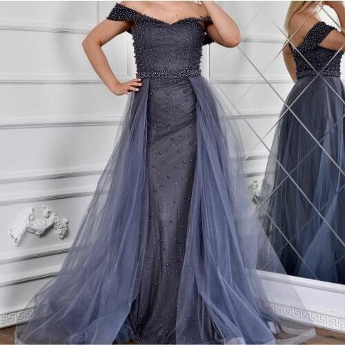 Elegant Long Mermaid Pearl Blue Evening Dresses Zipper Back Tulle Off Shoulder Abendkleid Formal Party Gown for Women