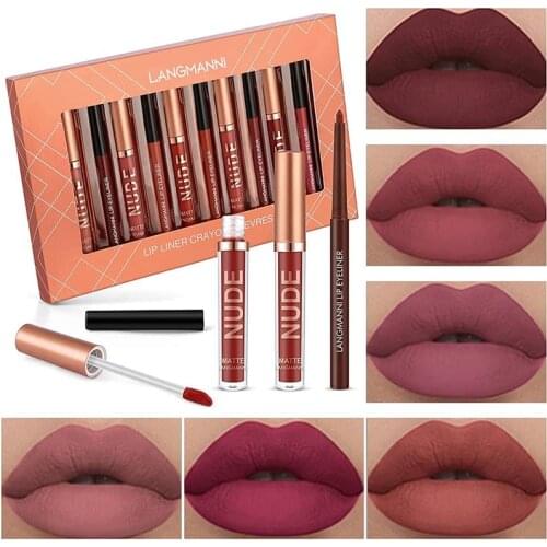 12Pcs Liquid Matte Lipstick Lip Gloss Lip Liner Waterproof Nude Lipliner Pen Set Lipgloss Pencil Contour Makeup Cosmetic Tool