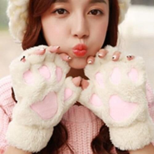 Winter Cartoon Cats Paw with Rope Warm Gloves for Men and Women Korean Cute Girls Fingerless