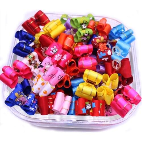 100 pcs Pet Dog Bows pear diamond mix colour dog hair Bows Rhinestones Grooming rubber bands pet Hair Accessories